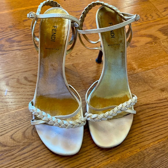 Fendi cream/gold braided strap stiletto sandals - Picture 2 of 7